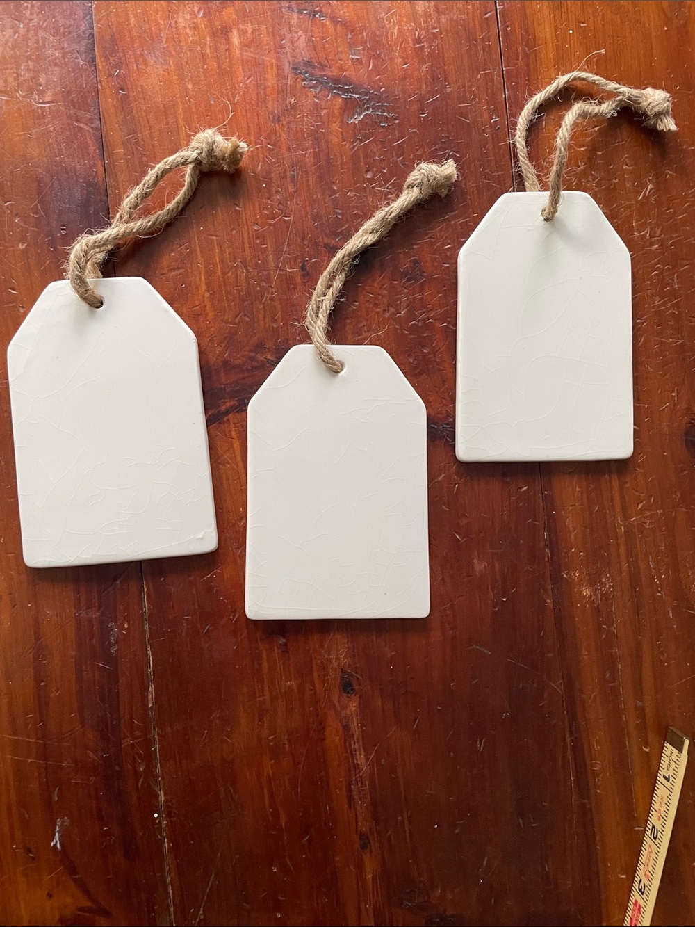 Set of 3 White Ceramic Tags with Twine